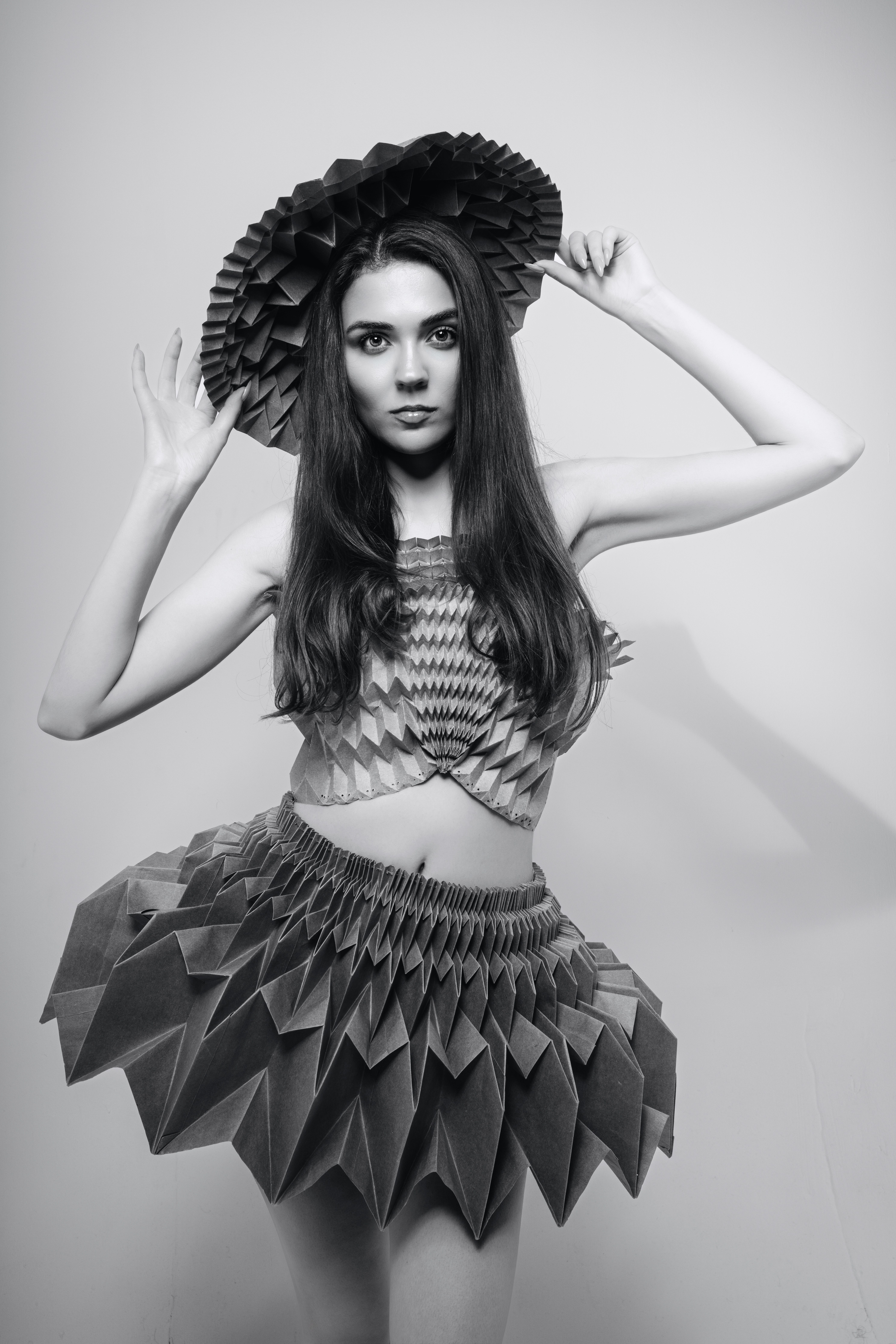 Origami Structured Crop Top Mini Skirt Dramatic Wide-Brim Hat