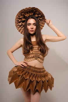 An avant-garde fashion portrait showcasing a model in an intricate paper outfit, shot in studio lighting.