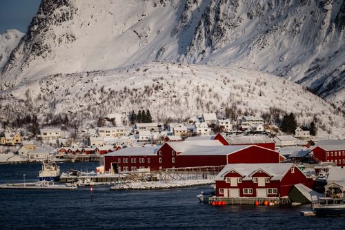 Free Idyllic winter scenery of Reine village with snow-capped mountains and traditional red Norwegian houses. Stock Photo