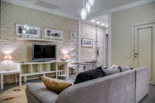 Cozy modern living room featuring a TV, brick walls, and stylish decor.