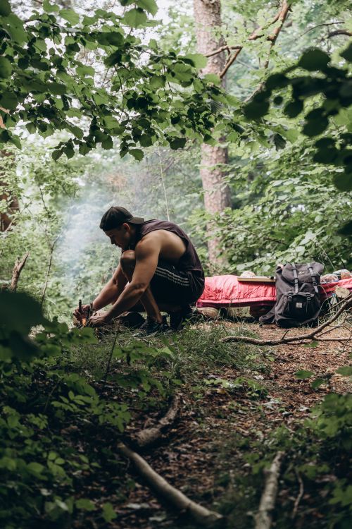 Free A man in a forest setting up a bonfire, surrounded by nature and camping gear. Stock Photo