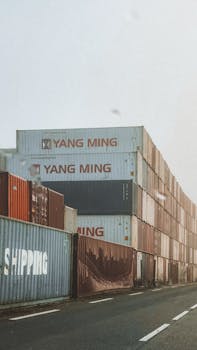 Rows of Yang Ming shipping containers stacked at port under hazy sky.