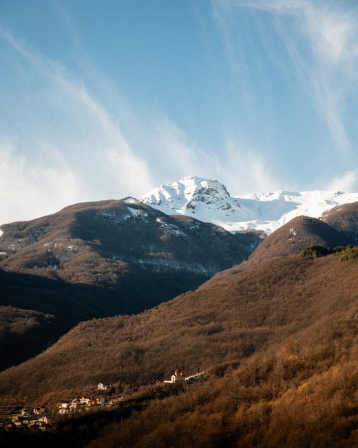 Scenic view of snow-capped mountains in Radostusha, showcasing natural beauty.