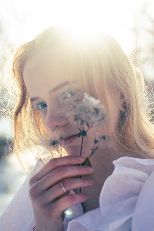 Free A woman gazes through delicate flowers against a backdrop of soft winter sunlight. Stock Photo