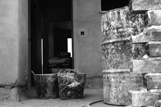 Black and white image of construction site with drums and equipment highlighting industrial atmosphere.