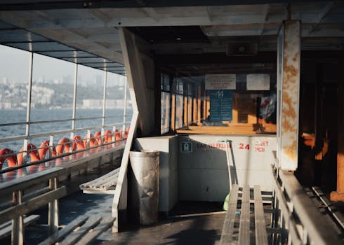 Capture the serene atmosphere during a ferry ride on the Bosphorus with warm lighting.