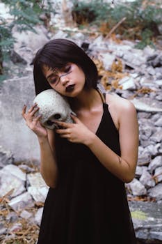 一名身穿黑色连衣裙的女子手持头骨，在森林中透出神秘而诡异的气息