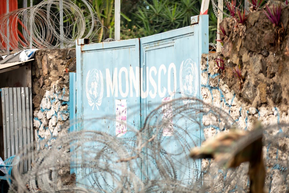 Barbed wire protecting the MONUSCO gate, surrounded by stone walls and plants.