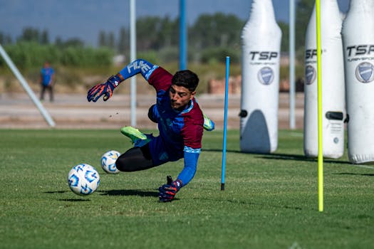 Focused goalkeeper diving to make a save during outdoor soccer training with training dummies.