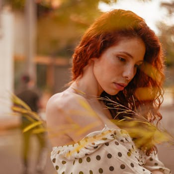 Stylish outdoor portrait of a woman with red curly hair in a polka dot dress during sunset.