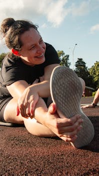 Smiling woman stretching outside on a sunny day, enjoying a workout.