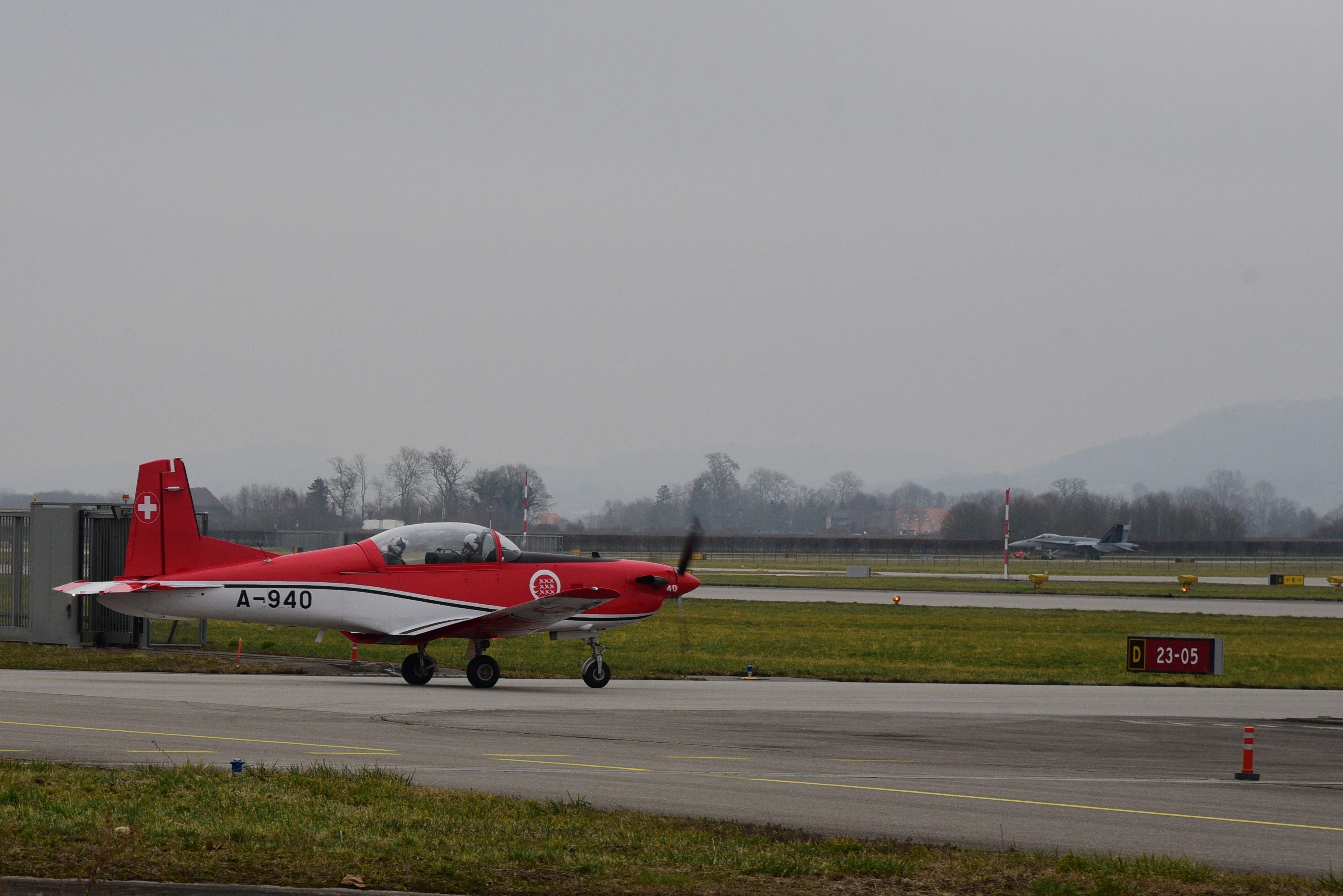 A Swiss training aircraft on the tarmac at Payerne Airport, Vaud, Switzerland.