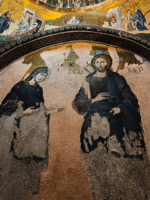 Free Intricate Byzantine mosaic of religious figures inside historic church. Stock Photo