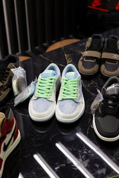 Variety of stylish sneakers on a dark marble surface.
