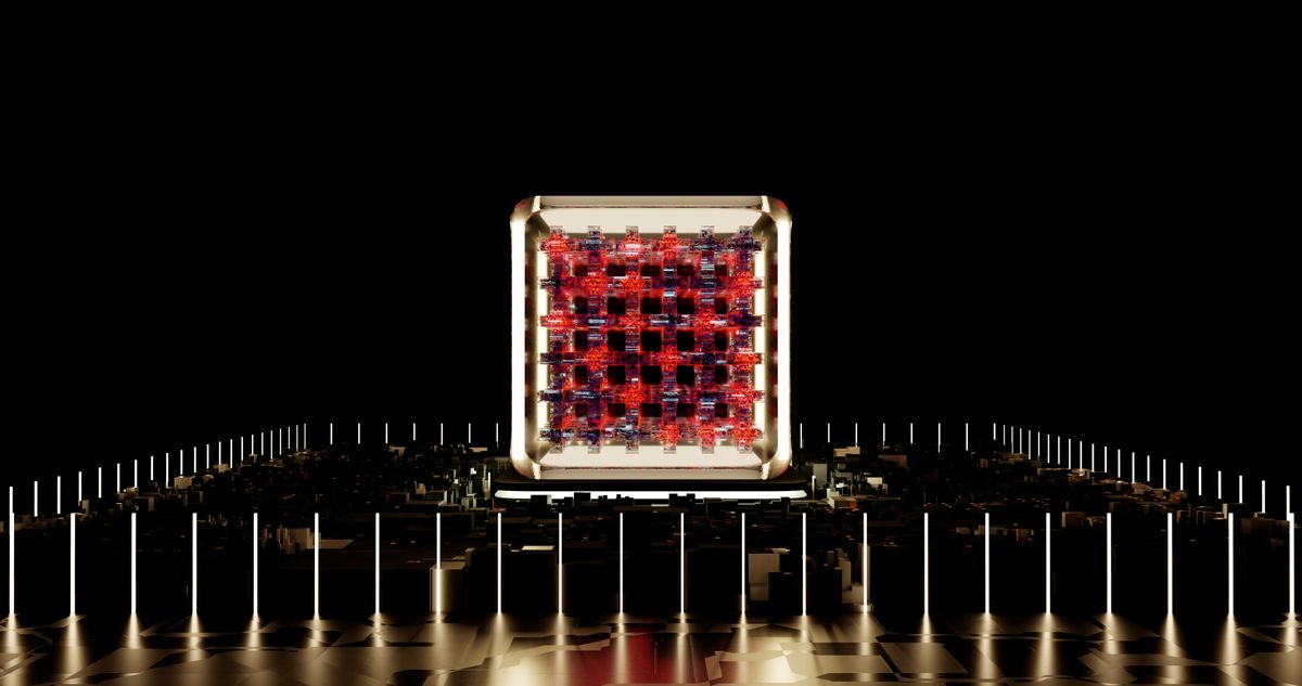 a single neon-orange cheese puff sitting on a high-tech laboratory pedestal