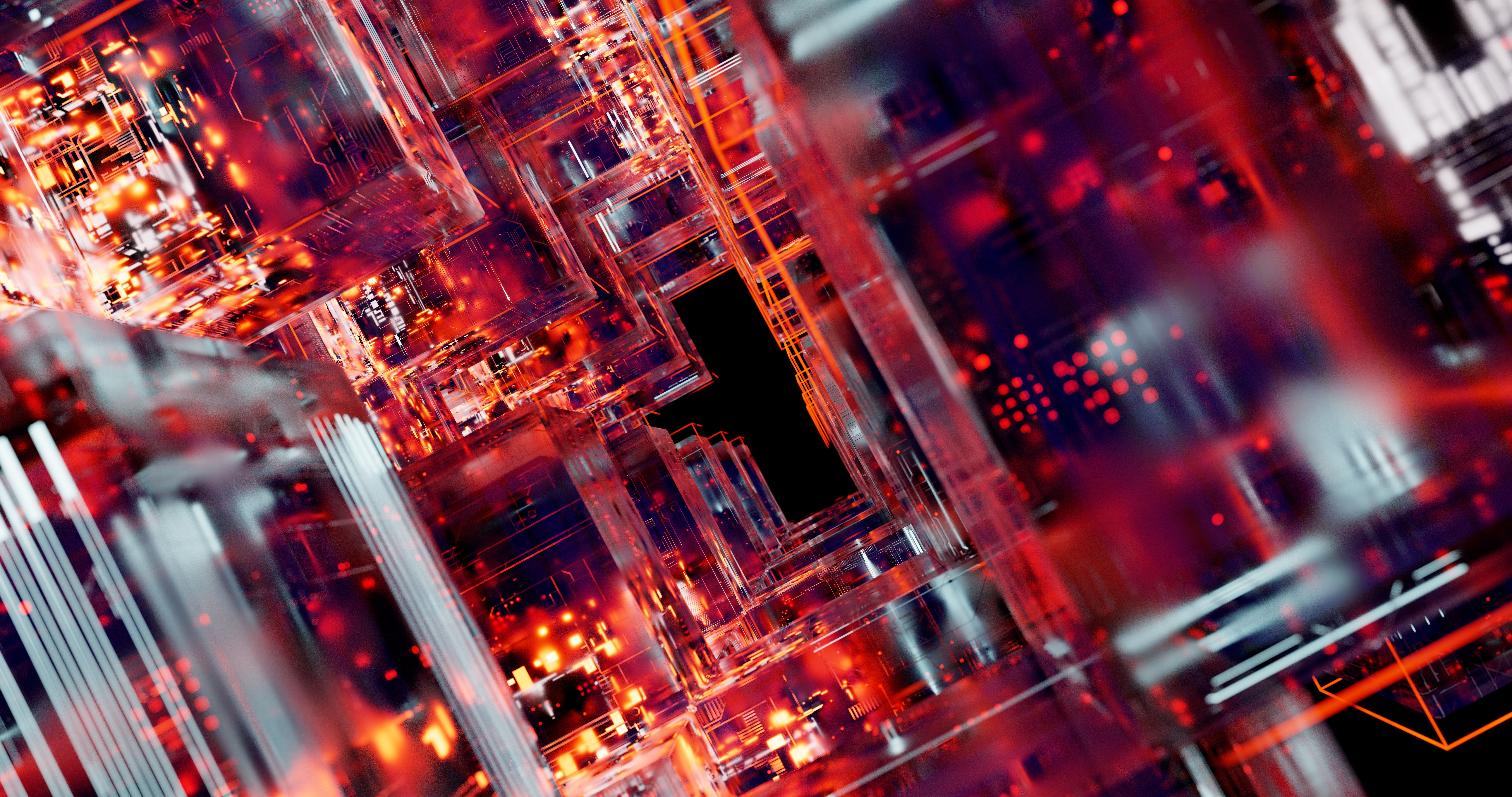 Abstract line-and-node industrial data artwork connecting gateways, brokers, historians and analytical stores.