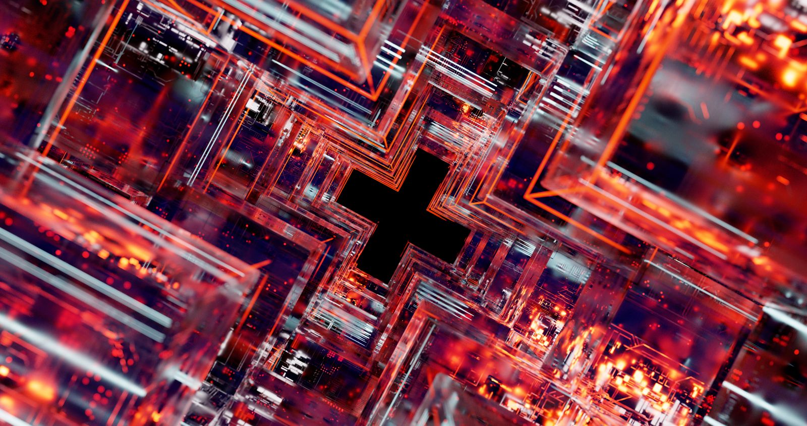 Abstract futuristic circuitry in red and blue