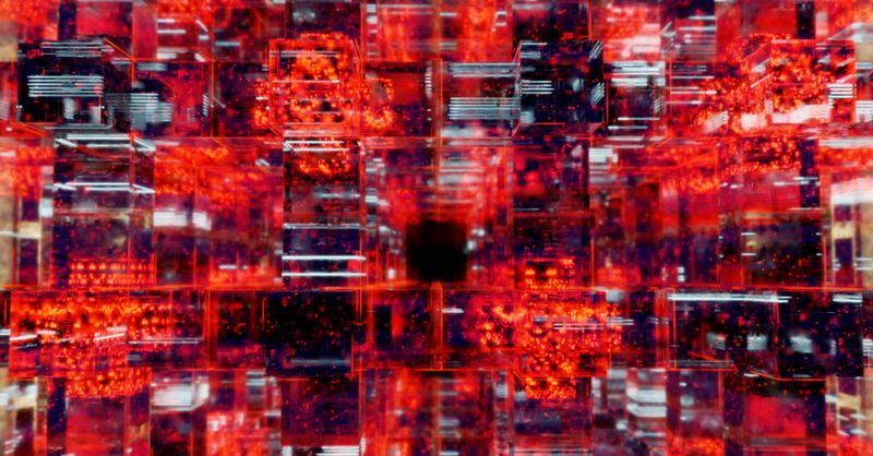 Abstract editorial data-visualization illustration in crimson, downward-flowing tones representing SHIB and the broader cryptocurrency market — crypto scenario analysis.