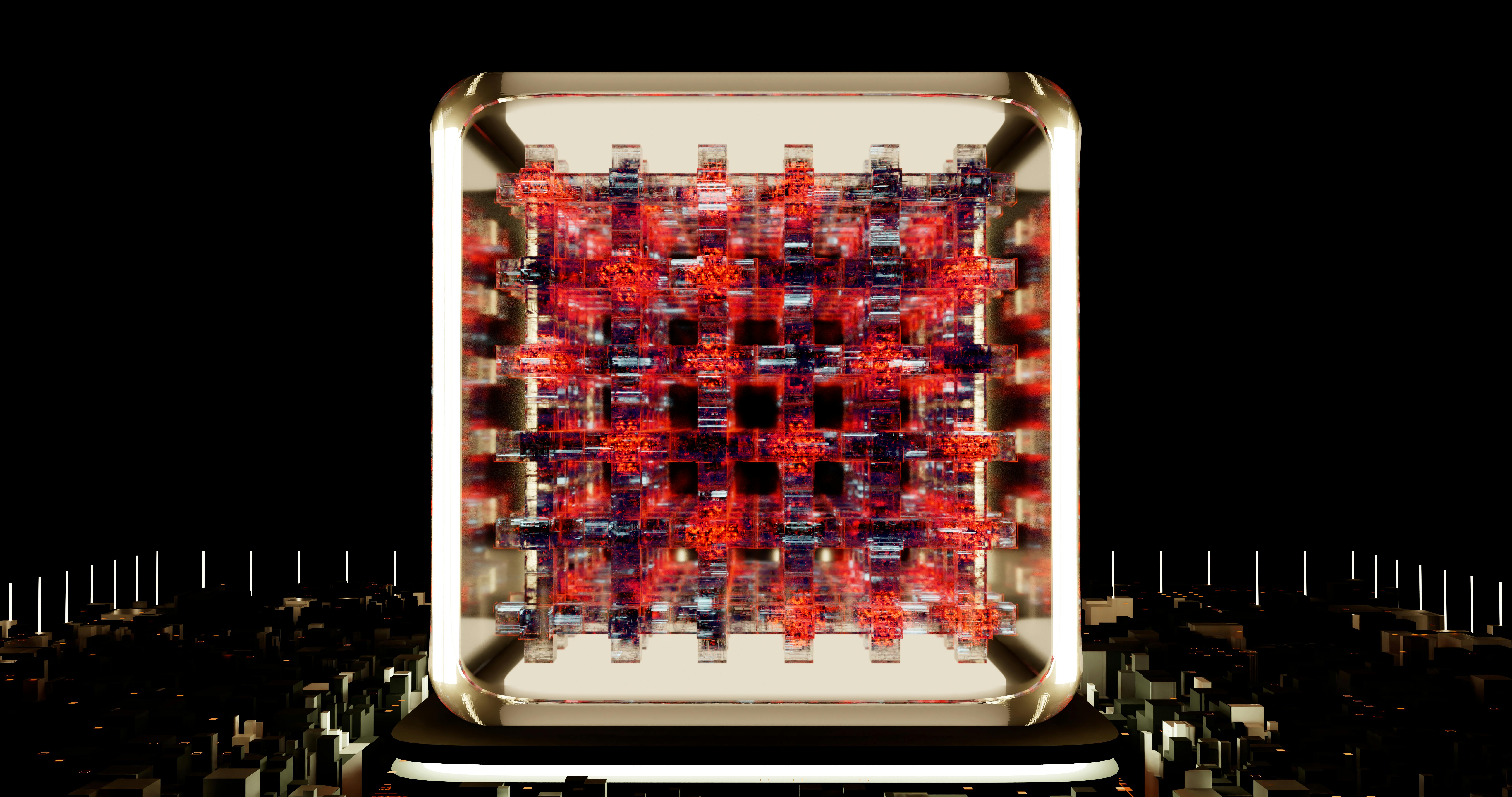 Kostenlos Eine faszinierende 3D-Illustration eines futuristischen digitalen Rasters mit leuchtend roten und schwarzen Elementen. Stock-Foto