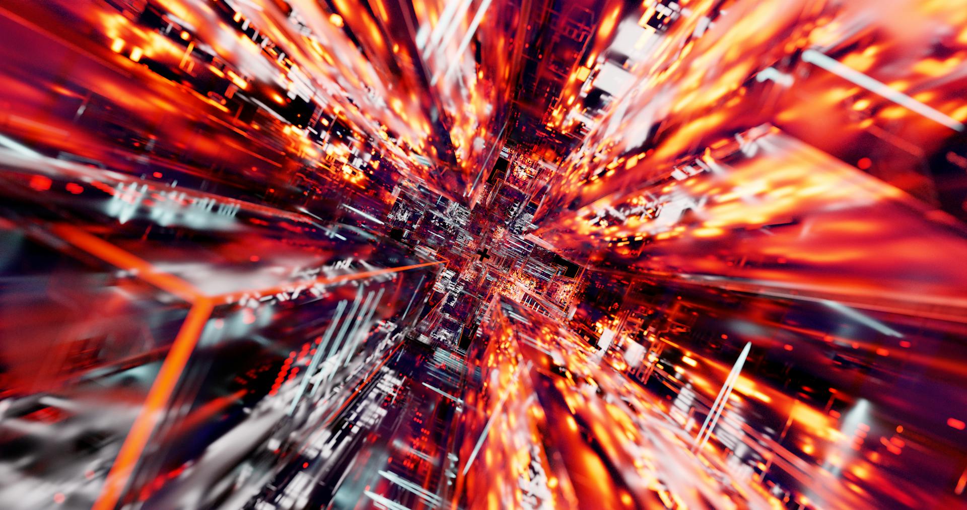 Abstract 3D digital light burst with vivid warm tones, suggesting high-speed data flow.