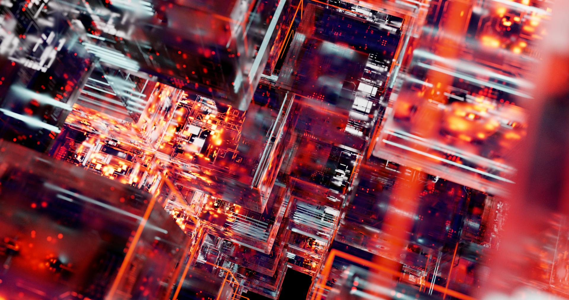 A close-up abstract visualization of a digital circuit board, showcasing intricate structures and lighting.