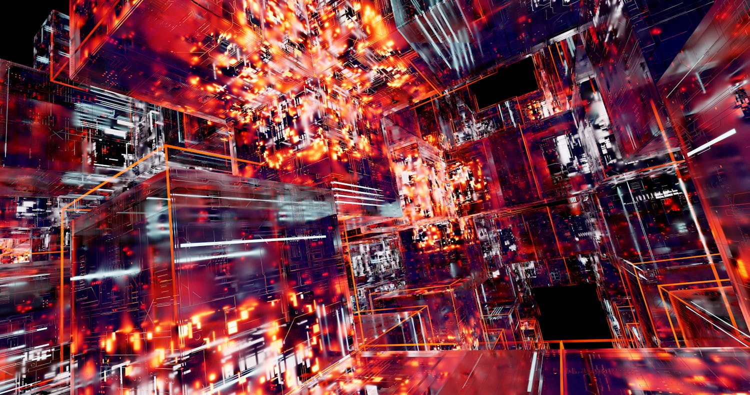 Abstract digital artwork featuring futuristic cubes with glowing neon lights