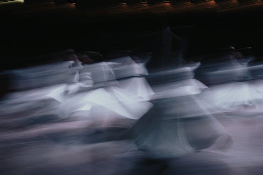 Abstract long-exposure capture of whirling dervishes dancing in motion.