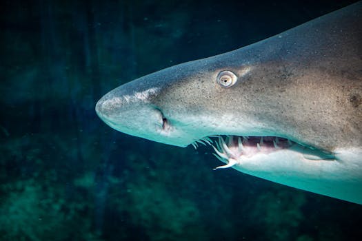Detailed image of a shark showcasing its teeth and texture underwater.