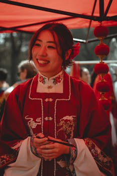 A woman wearing a traditional red costume smiles under a red tent during a city festival.