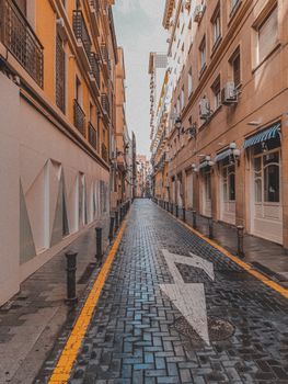 A scenic narrow alleyway with colorful buildings and cobblestone path in a European city, perfect for travel imagery.