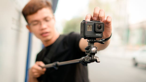 A young man uses an action camera on a stick for a selfie in an outdoor urban setting.