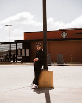 Man in black outfit leaning against pole outside a modern coffee shop on a sunny day.