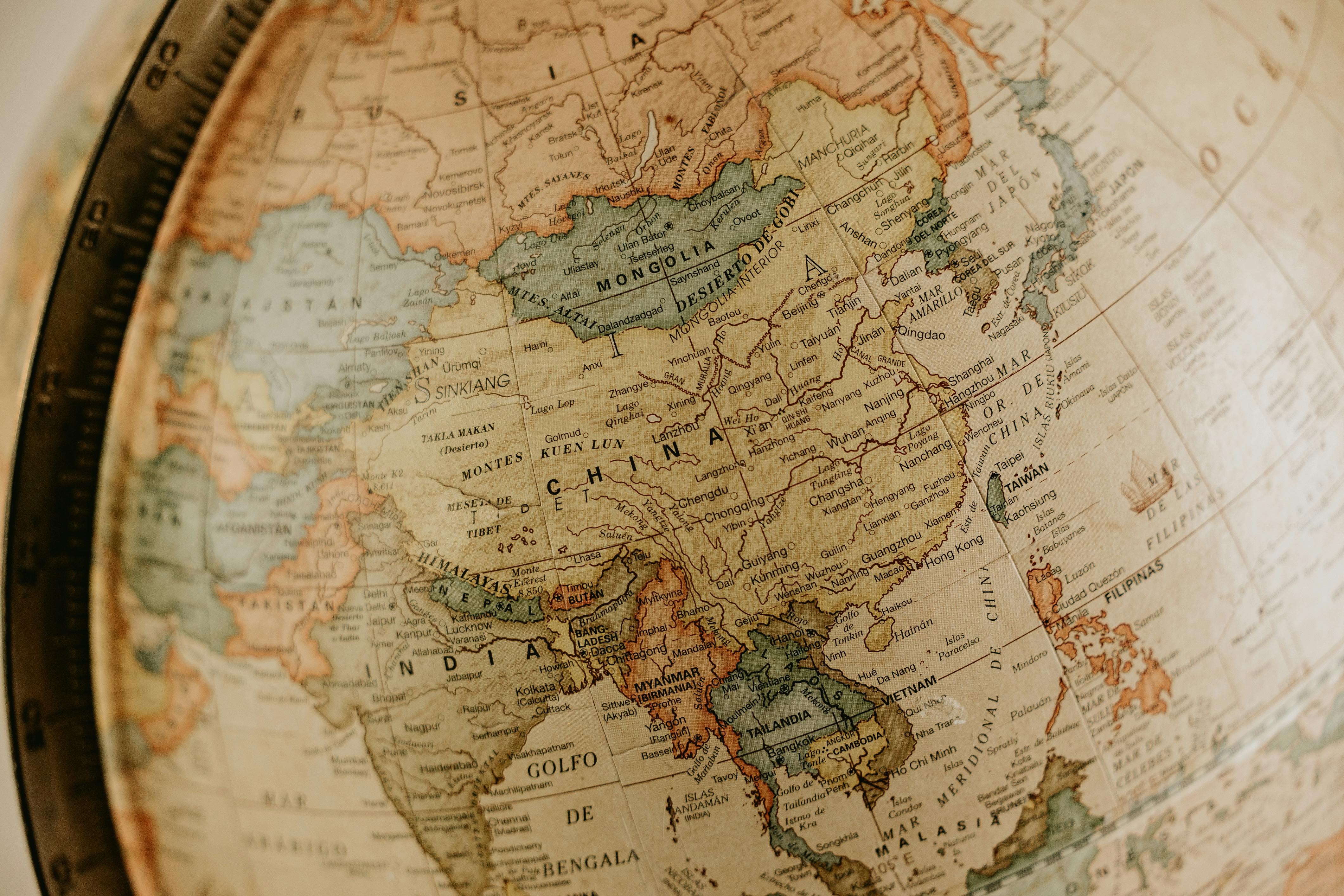 vintage globe map showing asia and surrounding regions