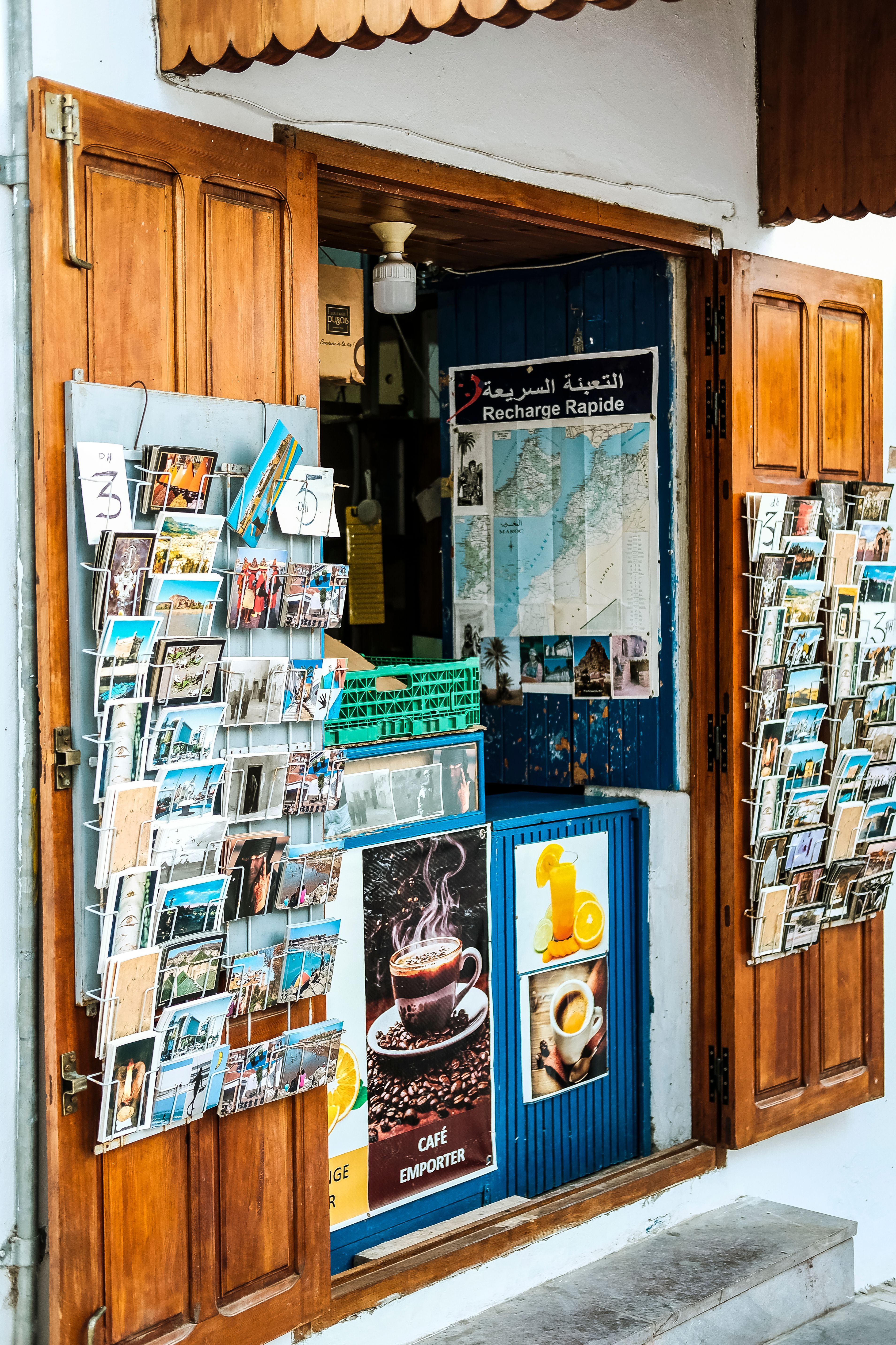 Explore a quaint souvenir shop filled with postcards in Rabat, Morocco.
