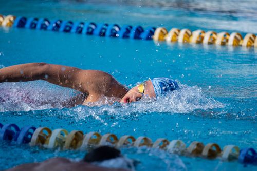 Free Swimmer performing freestyle stroke in a bright outdoor pool, showcasing athletic skill and focus. Stock Photo