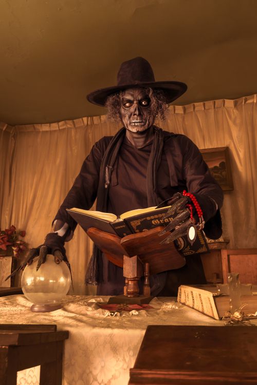 Free A mystical figure in dark attire reads from a spellbook beside a crystal ball in a dimly lit room. Stock Photo