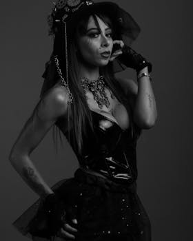 Dramatic black and white portrait of a woman in Gothic attire with steampunk hat.