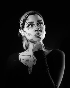 Stunning black and white portrait of a woman with artistic makeup.