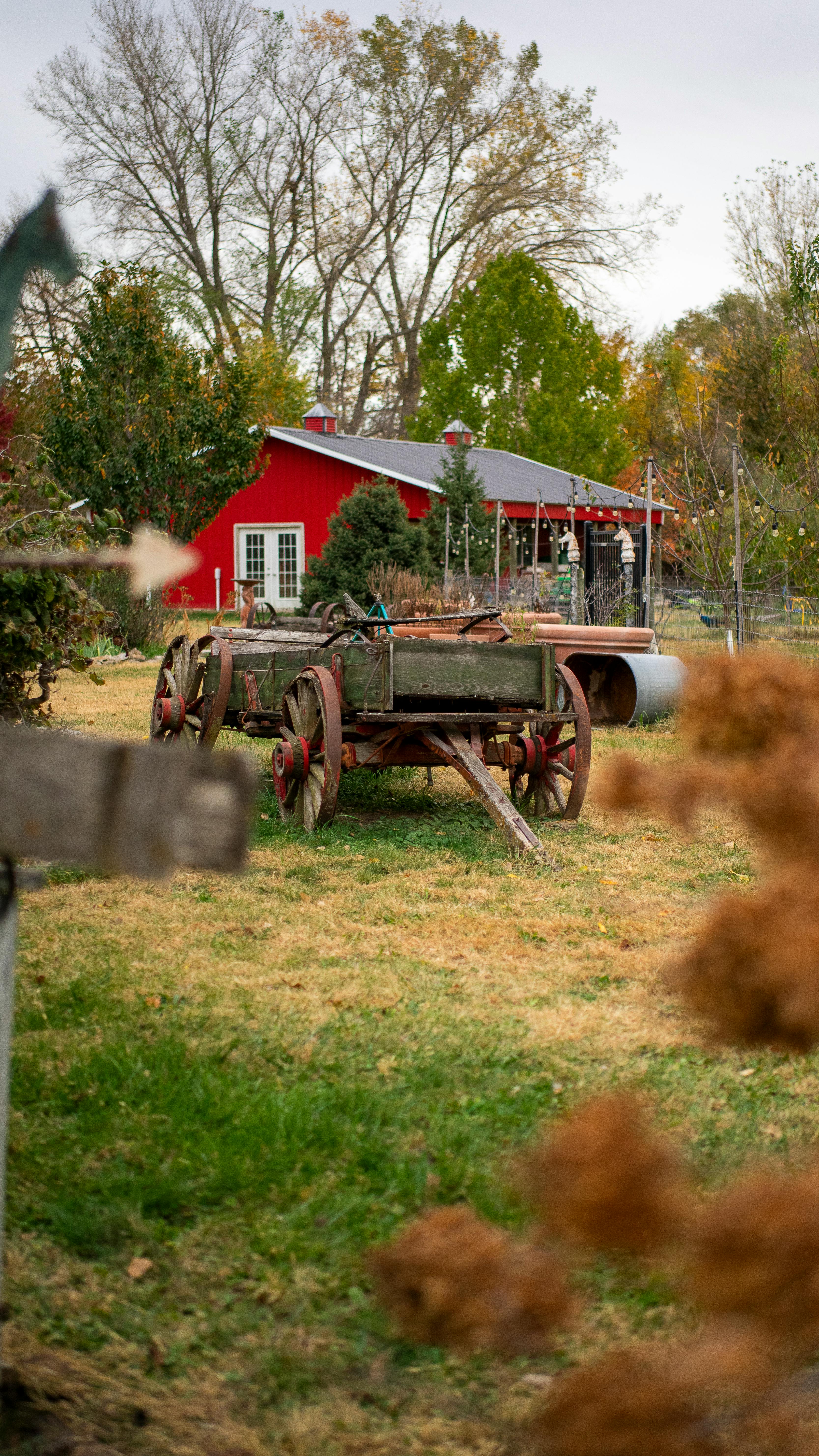 rustic red barn with vintage wagon in autumn