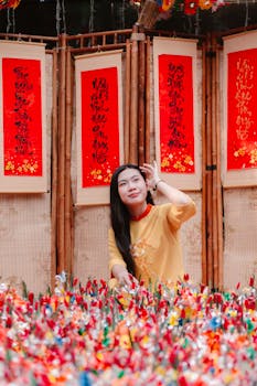 A young woman in traditional Vietnamese dress during Tet celebration amidst colorful decorations.