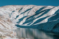 在白雪皑皑的山峰环绕下，俄罗斯车臣的一个山间湖泊显得格外宁静，构成了一幅静谧的冬日景观