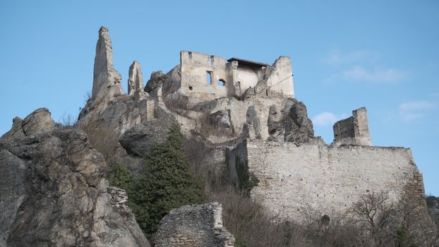 Explore the stunning ruins of Dürnstein Castle set against a clear blue sky.