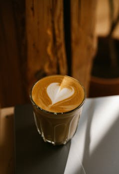 A warm cortado coffee with heart-shaped latte art on a cozy wooden table in Sabinov, Slovakia.