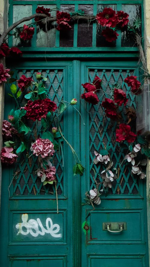 Free A charming green door adorned with vibrant red and pink flowers, offering a rustic and vintage appeal. Stock Photo