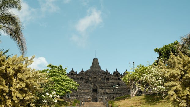 View of Borobudur Temple nestled among greenery, under a clear blue sky.