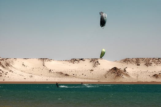 Experience thrilling kitesurfing against Dakhla’s stunning desert and lagoon backdrop. Perfect for adventure seekers.
