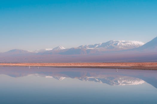 Peaceful reflection of Andes mountains in Antofagasta desert landscape.