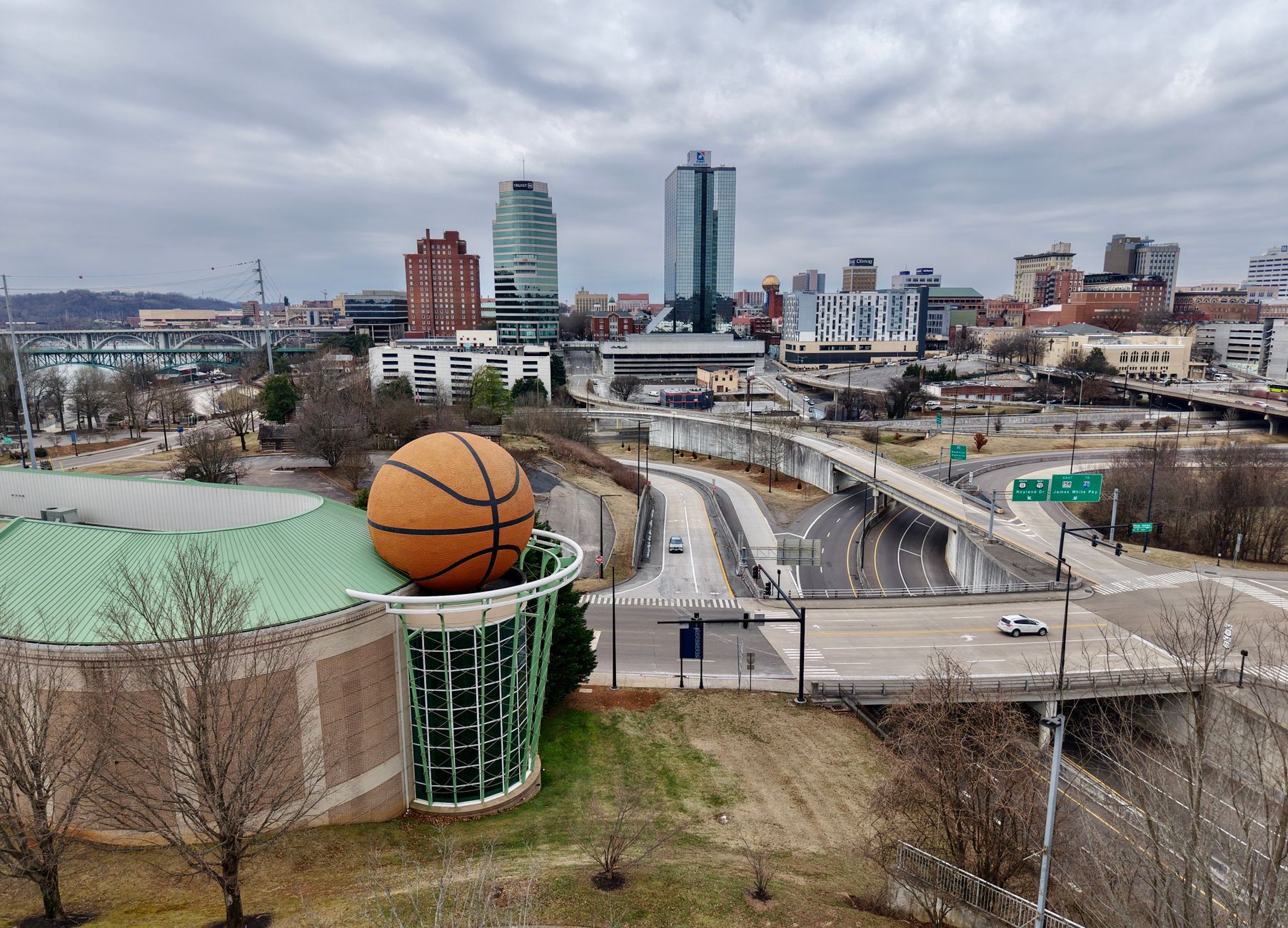 Explore Knoxville, Tennessee's urban landscape with its iconic basketball landmark. Perfect city view.