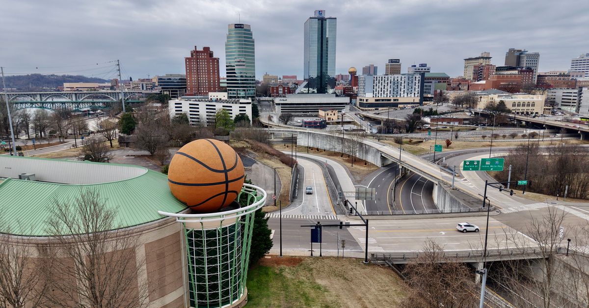 Explore Knoxville, Tennessee's urban landscape with its iconic basketball landmark. Perfect city view.