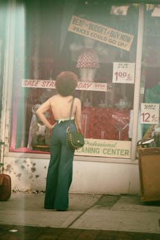 A woman in retro fashion standing outside a vintage store with sale signs in NYC.
